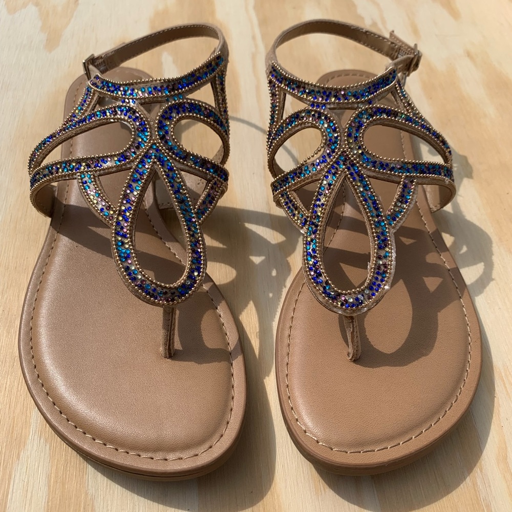 Fergalicious Sinderella Sandal 7.5 Tan Faux Leather with Multi-Color Rhinestones